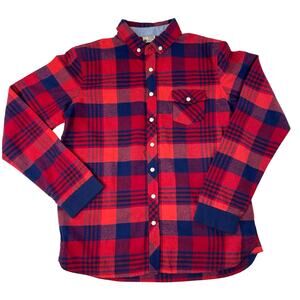 Giordano Junior Boys Flannel Shirt Plaid Red Blue Snap Button 12 13 Years Cotton
